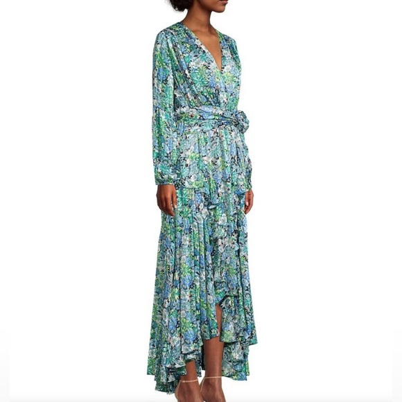 Elliatt Revolve Claude Ruffled Satin Maxi Dress Floral High Low hem Blue Small S - Picture 4 of 13